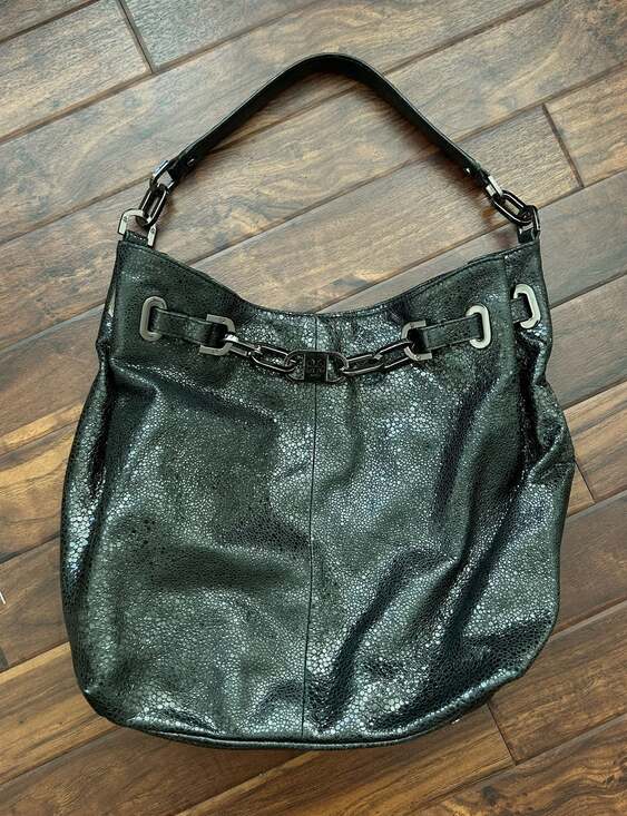 Tory Burch Handbags - Tory Burch Natalya Black Crackle Leather Hobo Shoulder Bag Urban Chain Witch EUC